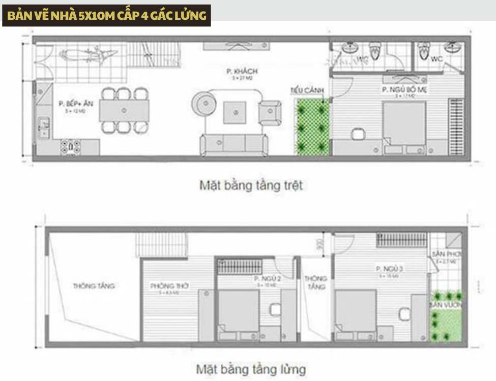 Bản vẽ mặt bằng & công năng điển hình cho nhà 5x10m gác lửng