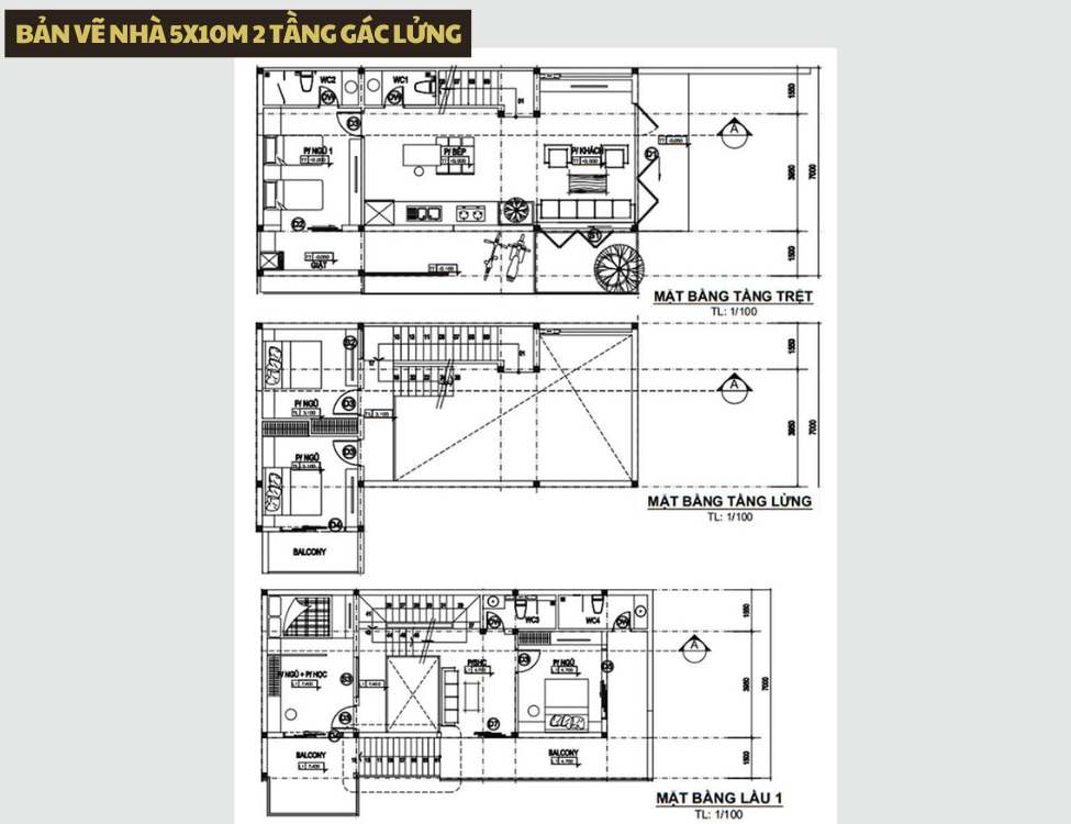 Bản vẽ mặt bằng & công năng điển hình cho nhà 5x10m gác lửng 2 tầng