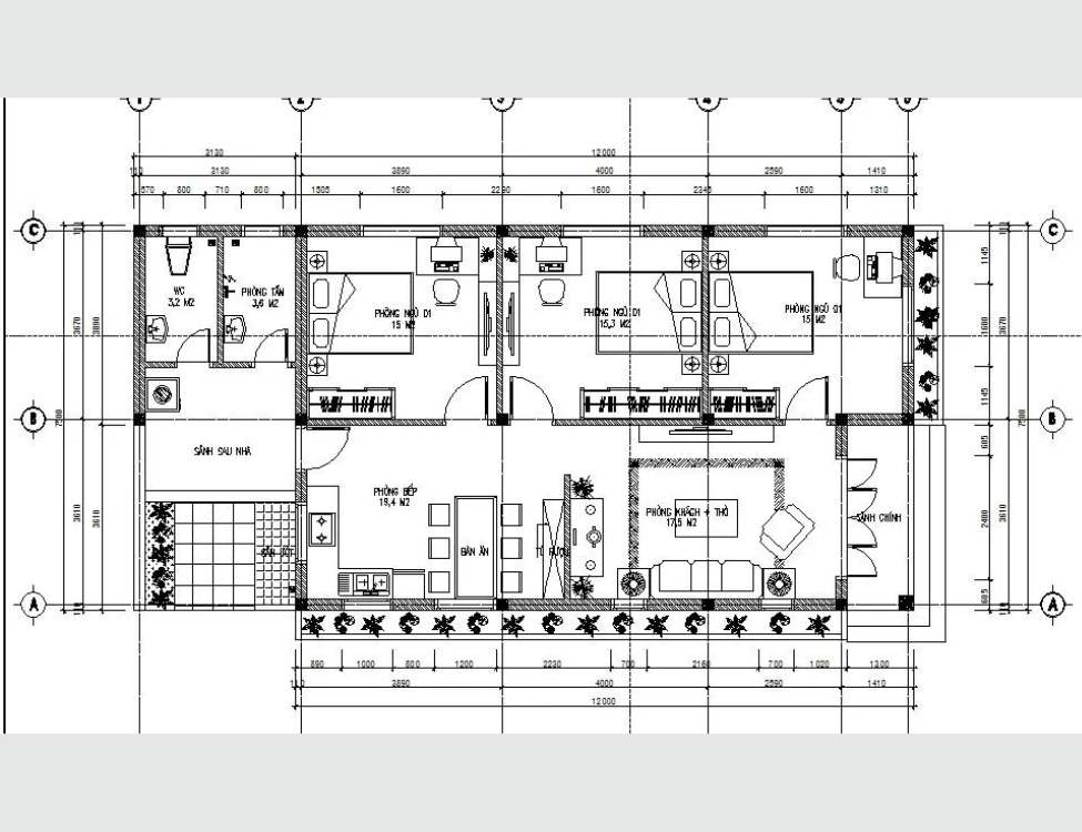 Mặt bằng Mẫu nhà 1 tầng 7.5x11m