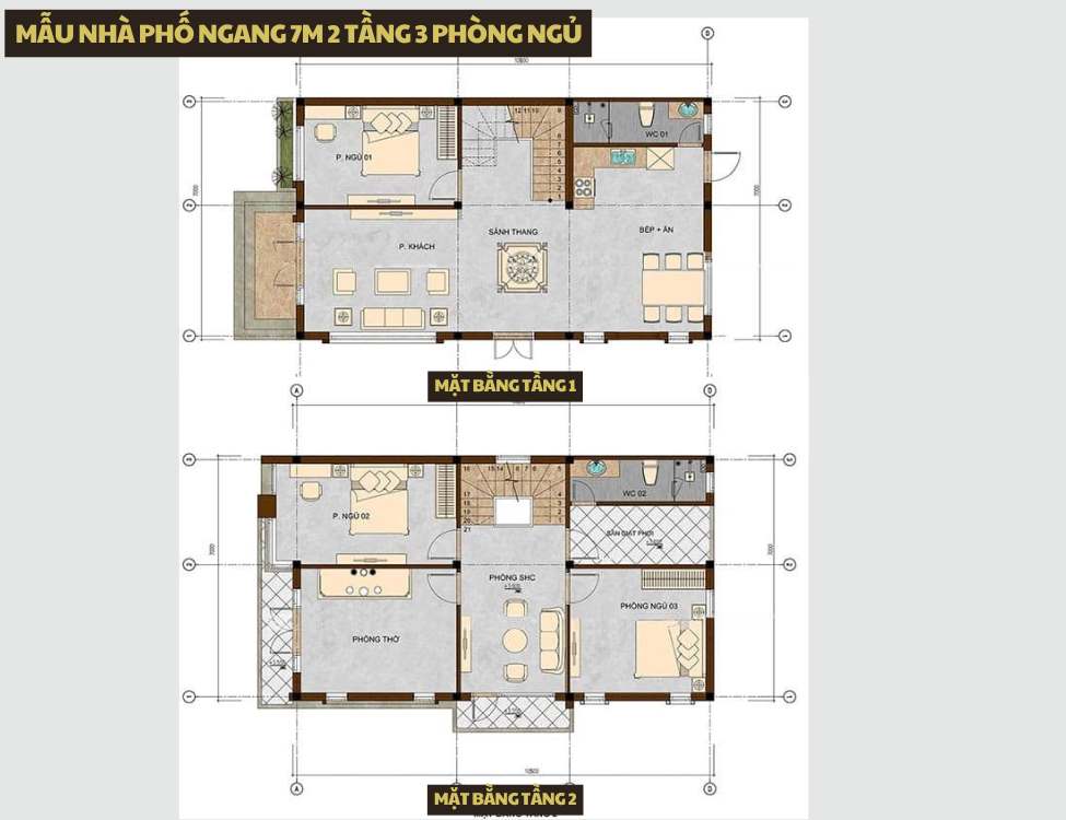 Mẫu nhà phố ngang 7m 2 tầng 3 phòng ngủ