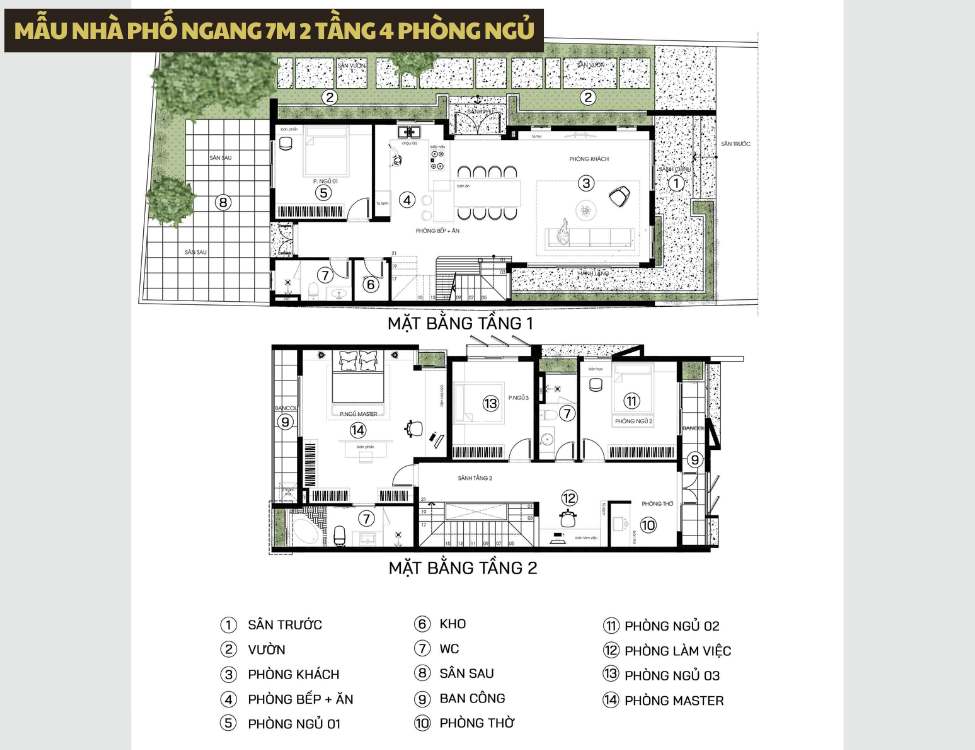 Mẫu nhà phố ngang 7m 2 tầng 4 phòng ngủ