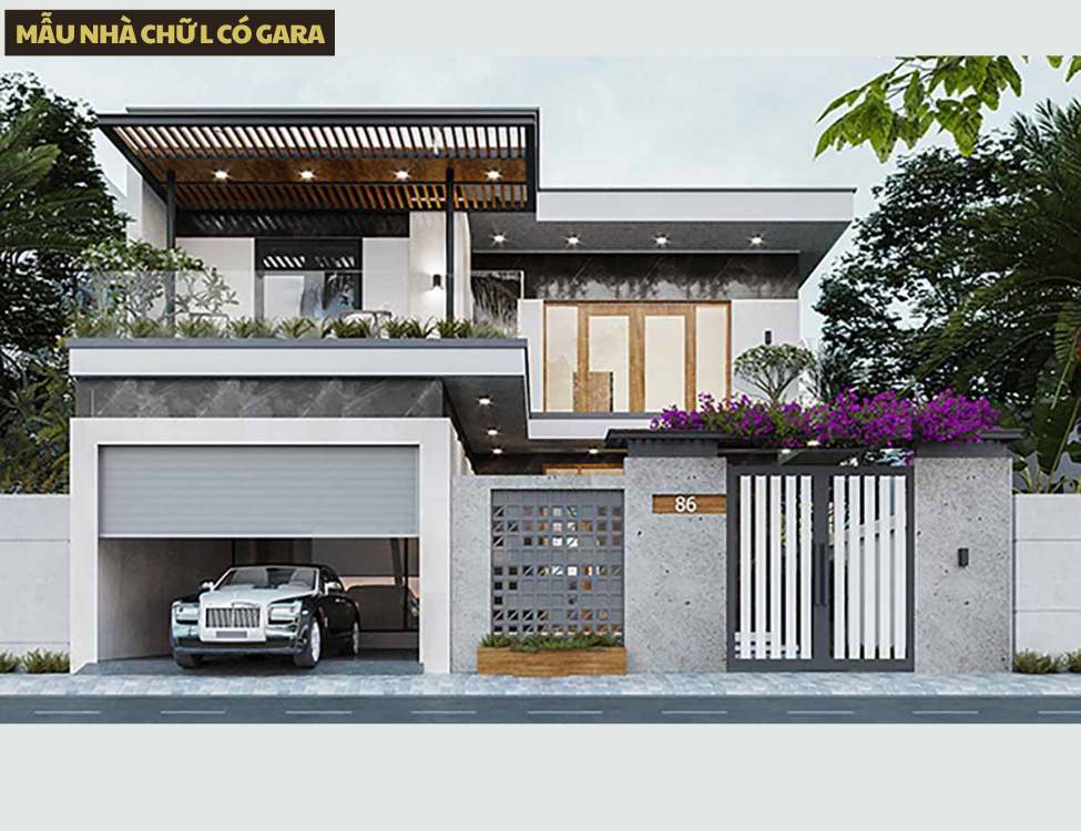 Mẫu nhà chữ L có gara – phù hợp đất hẹp