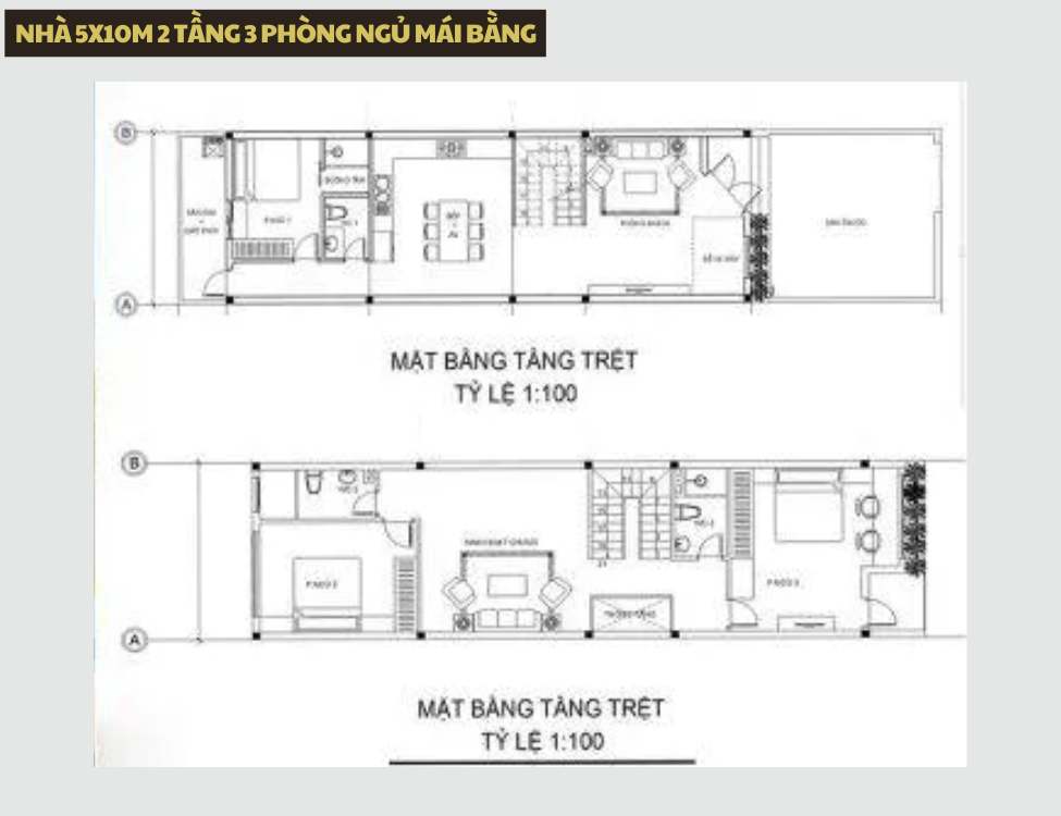 bản vẽ mặt bằng công năng nhà 5x10m 2 tầng 3 phòng ngủ mái bằng