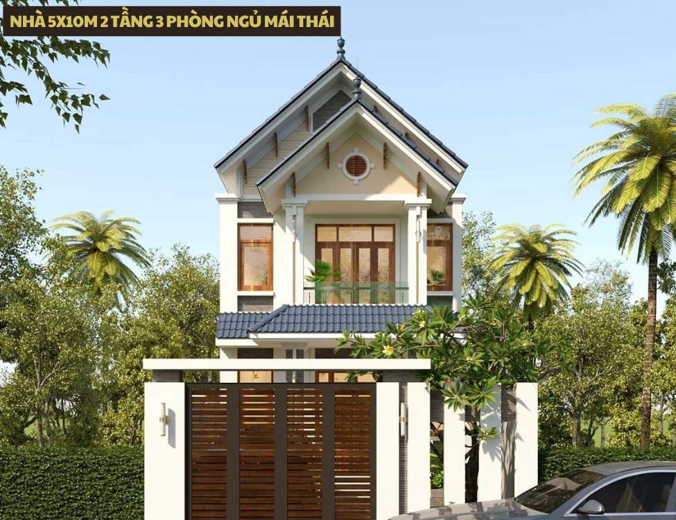 Mẫu thiết kế nhà 5x10m 2 tầng 3 phòng ngủ mái Thái