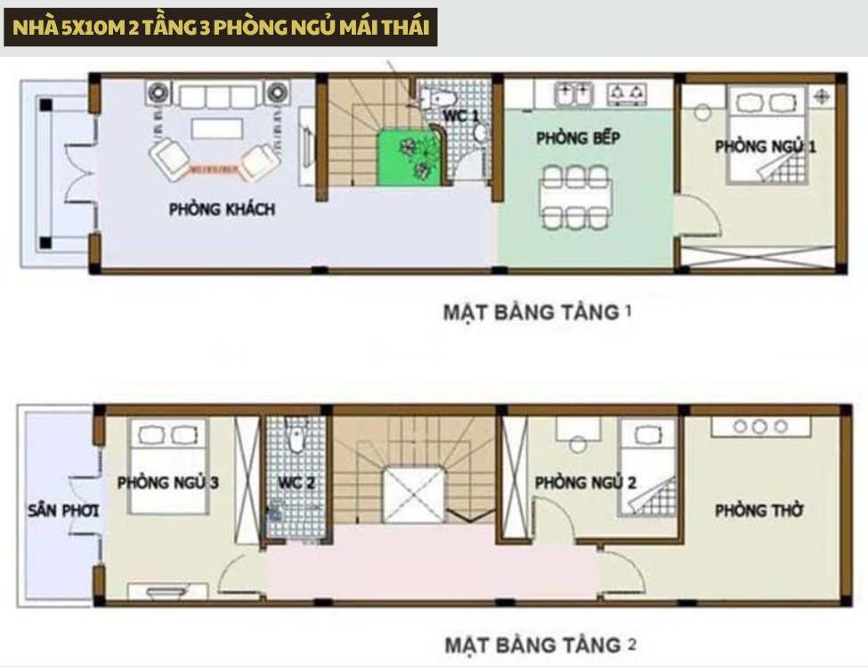 Mặt bằng công năng nhà 5x10m 2 tầng 3 phòng ngủ mái Thái