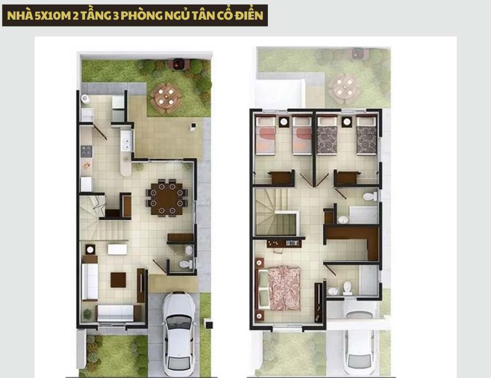 Bản vẽ mặt bằng nhà 5x10m 2 tầng 3 phòng ngủ phong cách tân cổ điển