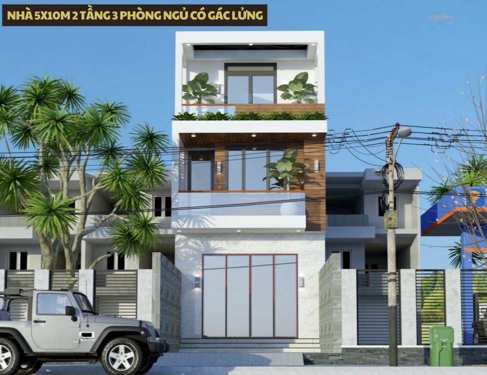 Mẫu thiết kế nhà 5x10m 2 tầng 3 phòng ngủ có gác lửng