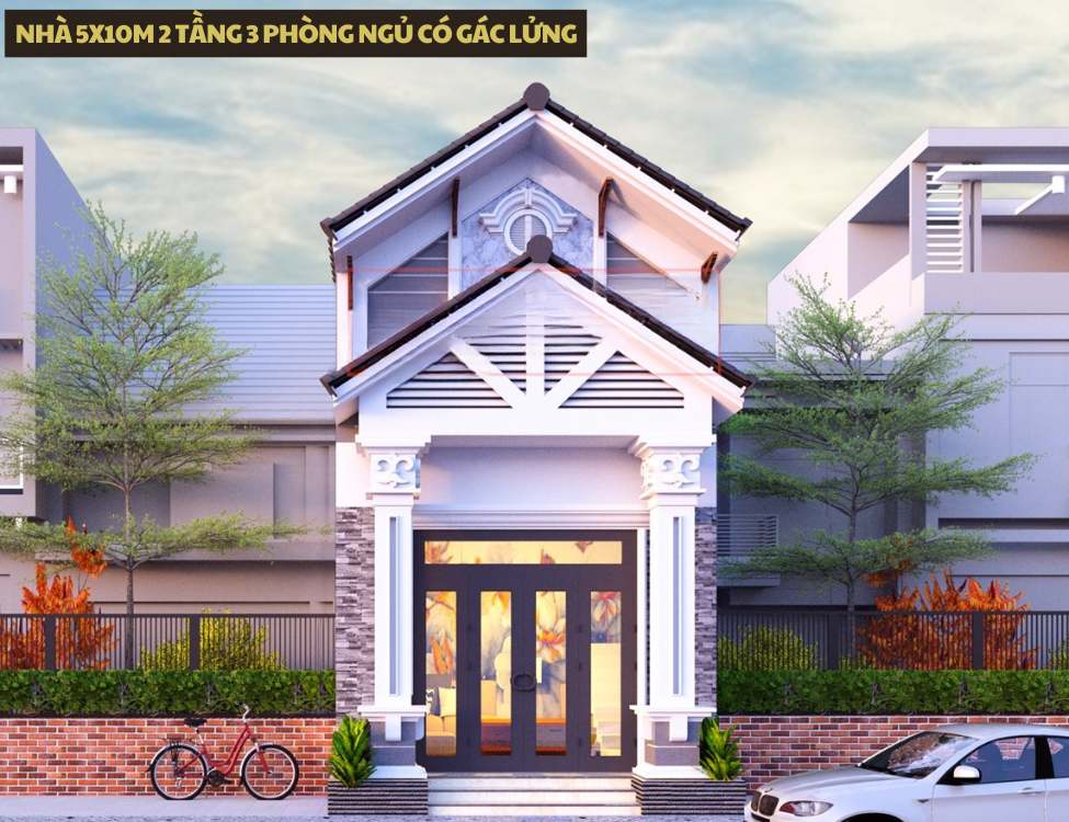 Mẫu thiết kế nhà 5x10m 2 tầng 3 phòng ngủ có gác lửng