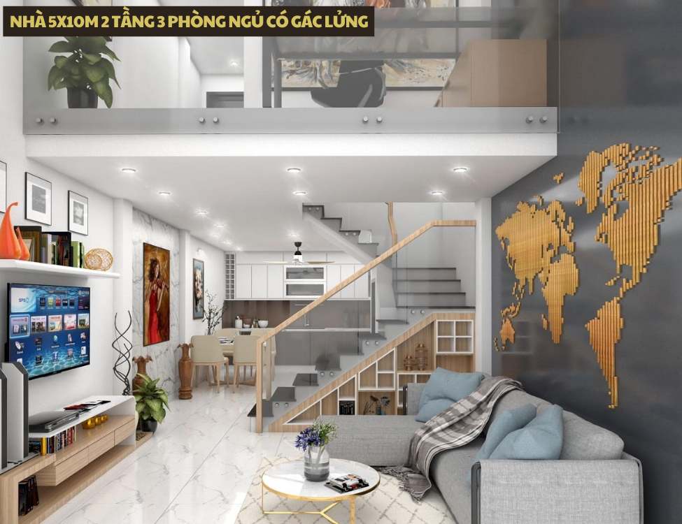 Mẫu thiết kế nhà 5x10m 2 tầng 3 phòng ngủ có gác lửng