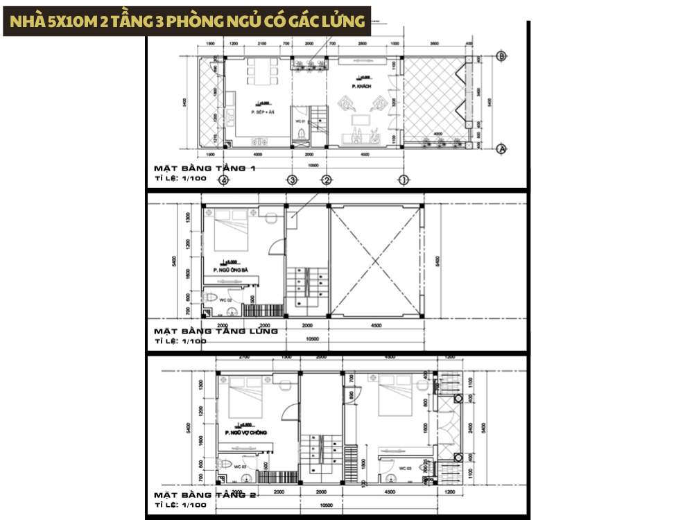 bản vẽ mặt bằng Mẫu thiết kế nhà 5x10m 2 tầng 3 phòng ngủ có gác lửng