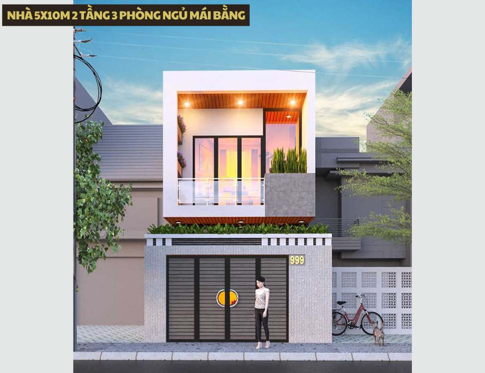 Mẫu thiết kế nhà 5x10m 2 tầng 3 phòng ngủ mái bằng
