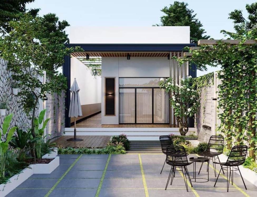 Sân trước – sân vườn – giếng trời cho nhà cấp 4 5x10m 2 phòng ngủ