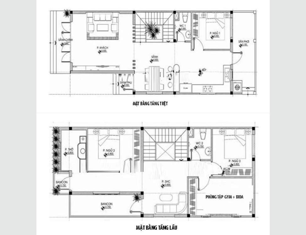 mặt bằng nhà ống 2 tầng 4x10m có 3 phòng ngủ