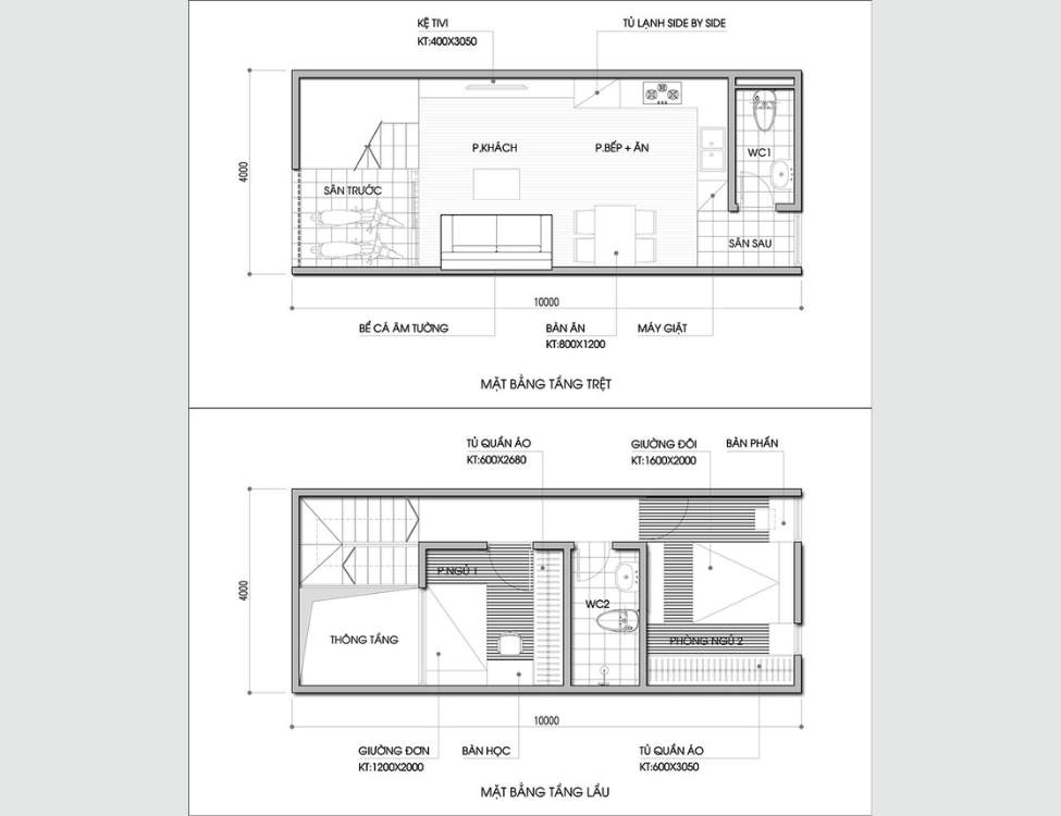 mặt bằng nhà ống 2 tầng 4x10m có 3 phòng ngủ