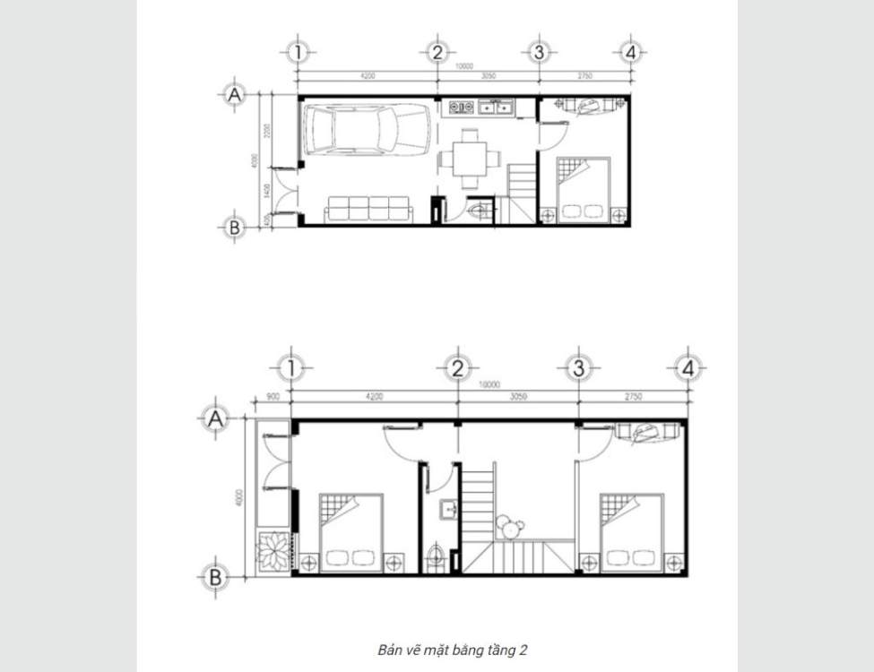 mặt bằng nhà ống 2 tầng 4x10m có 3 phòng ngủ có gara