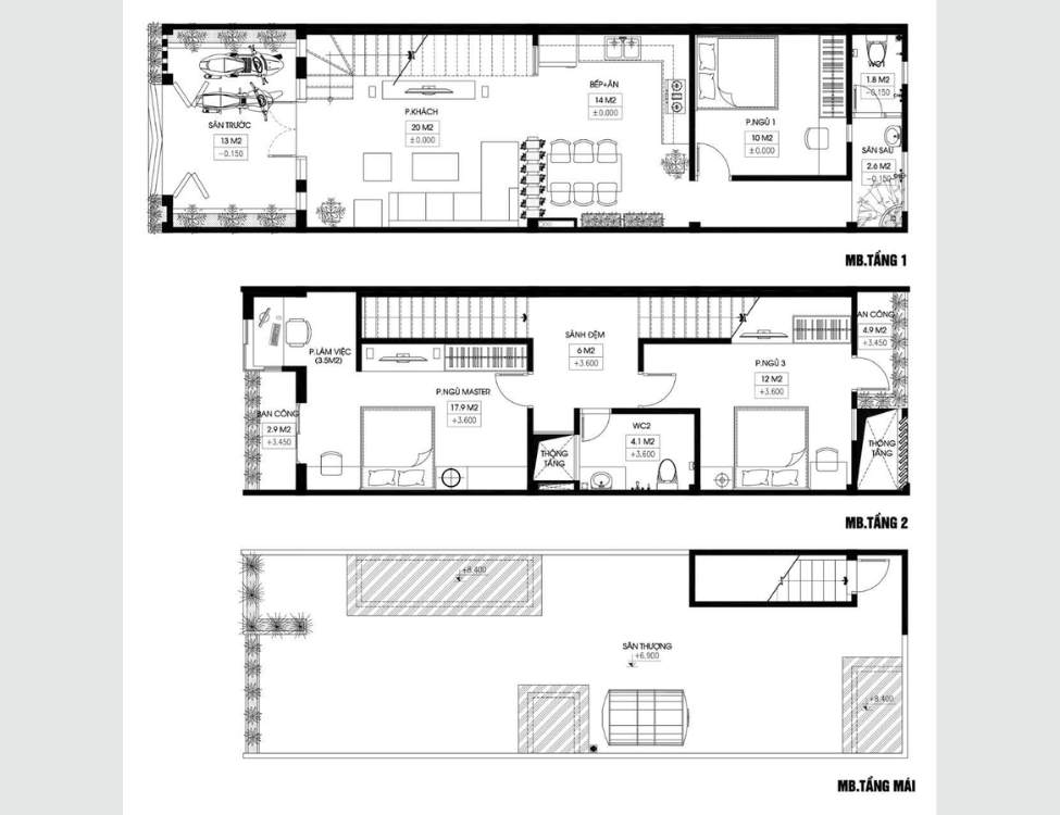 mặt bằng công năng cho nhà ống 2 tầng 4x10m có 3 phòng ngủ