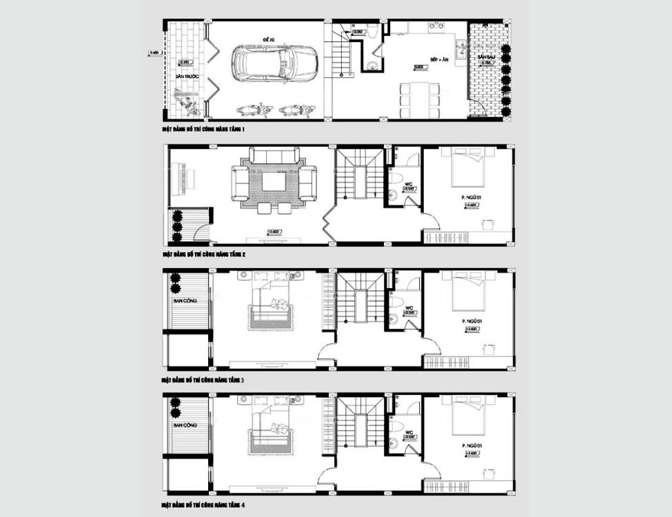 Bản vẽ Nhà 5x10m 4 tầng có gara