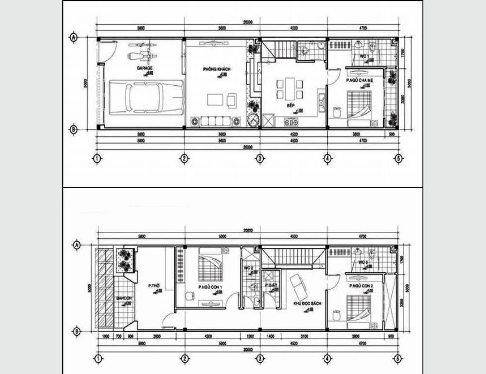 Bố trí tầng trệt kết hợp gara và không gian sinh hoạt