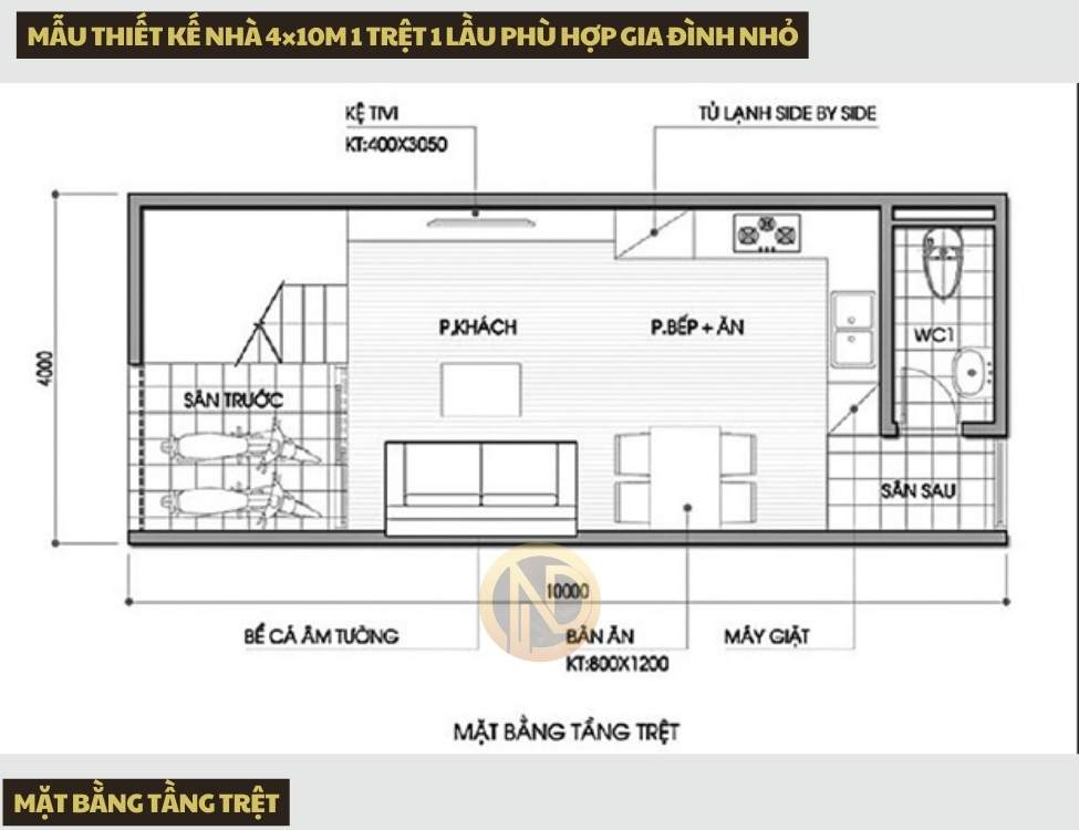 Bản thiết kế tầng trệt nhà 4×10m 1 trệt 1 lầu phù hợp gia đình nhỏ