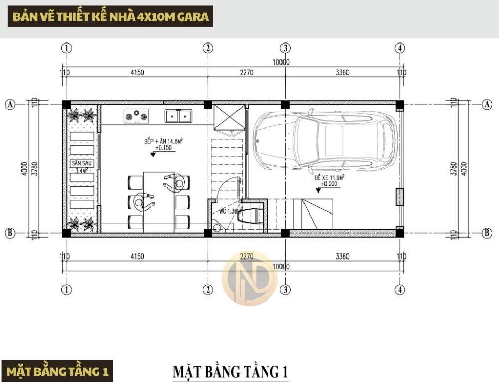 Bản vẽ tầng 1 nhà 4x10m gara