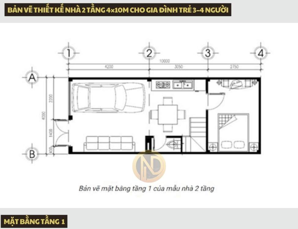Bản vẽ tầng 1 thiết kế nhà 2 tầng 4×10m cho gia đình trẻ 3–4 người