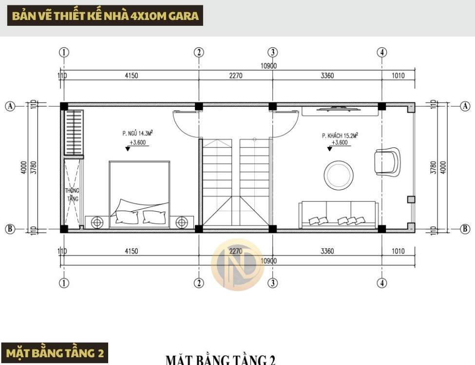 Bản vẽ tầng 2 nhà 4x10m gara