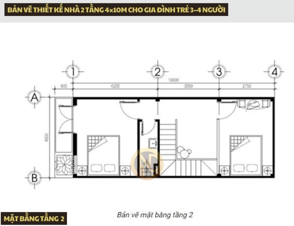 Bản vẽ tầng 2 thiết kế nhà 2 tầng 4×10m cho gia đình trẻ 3–4 người