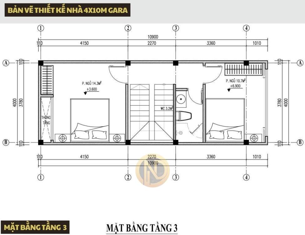 Bản vẽ tầng 3 nhà 4x10m gara
