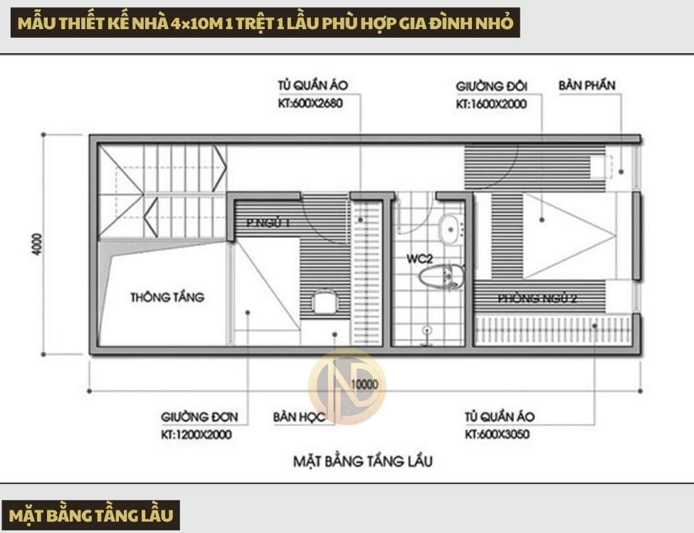 Bản vẽ tầng lầu thiết kế nhà 4×10m 1 trệt 1 lầu phù hợp gia đình nhỏ