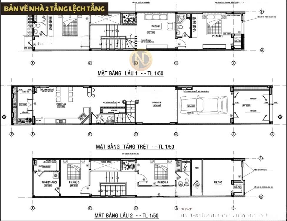 Nhà 2 tầng lệch tầng hoặc có tum