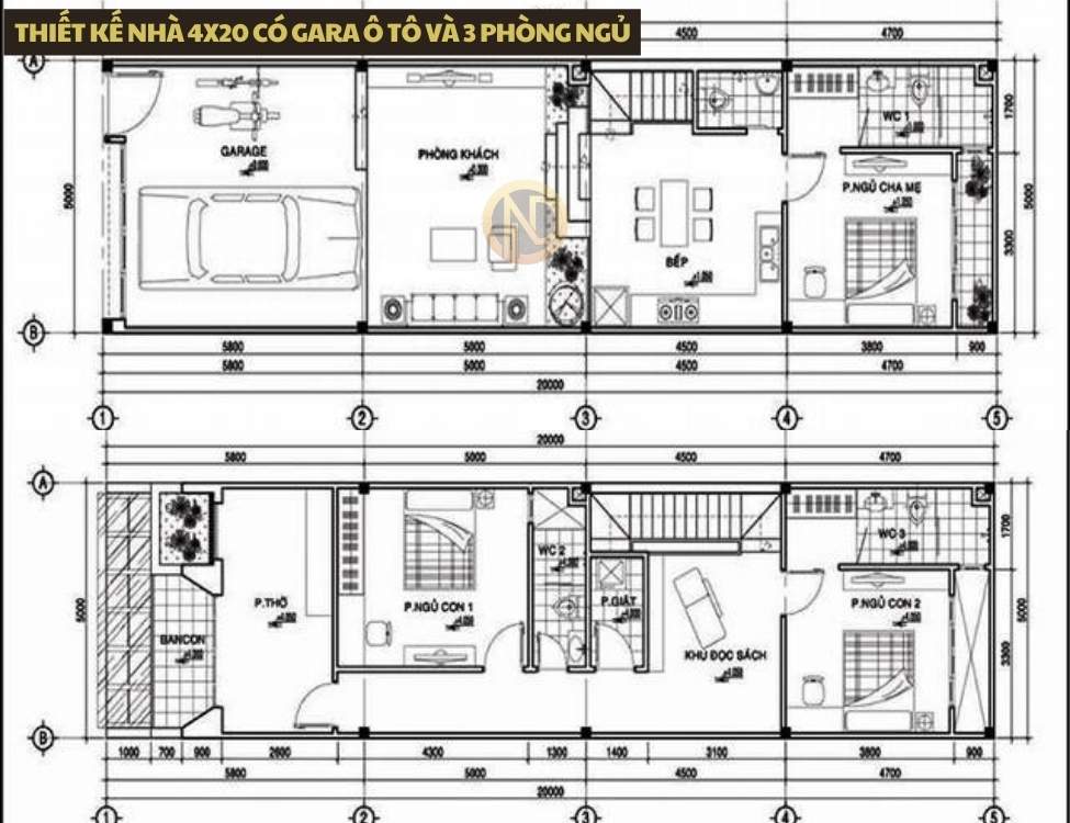 Thiết kế nhà 4x20 có gara ô tô và 3 phòng ngủ