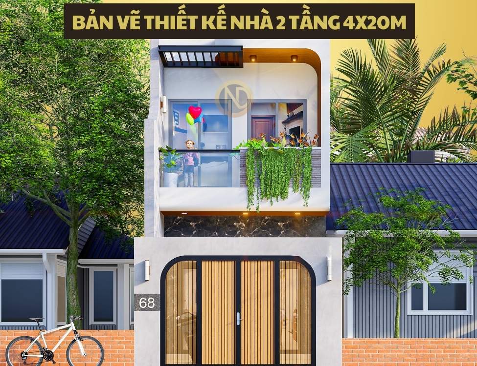 bản vẽ thiết kế nhà 2 tầng 4x20m