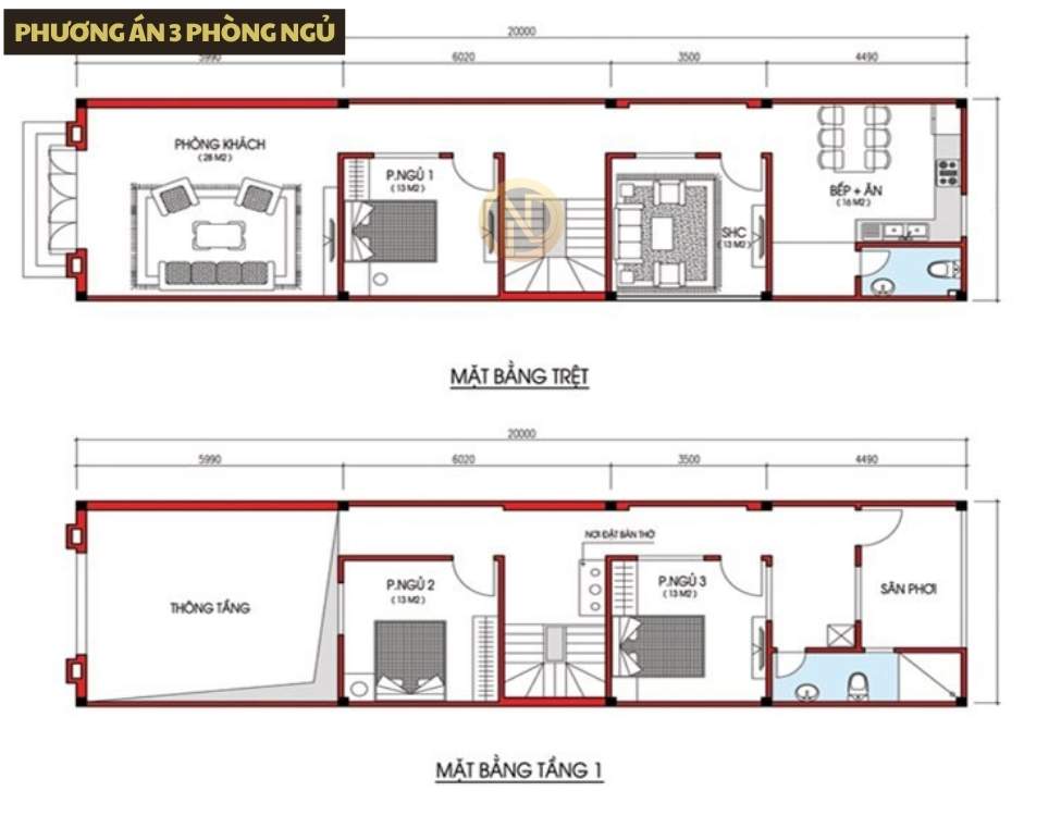 chi phí nhà 2 tầng 4x20m Phương án 3 phòng ngủ