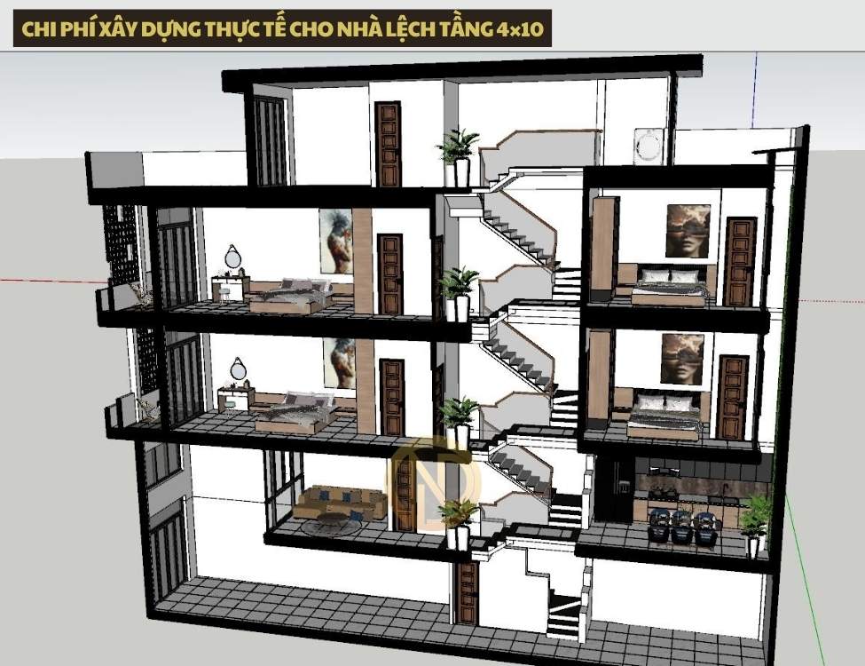 chi phí xây dựng thực tế cho nhà lệch tầng 4×10