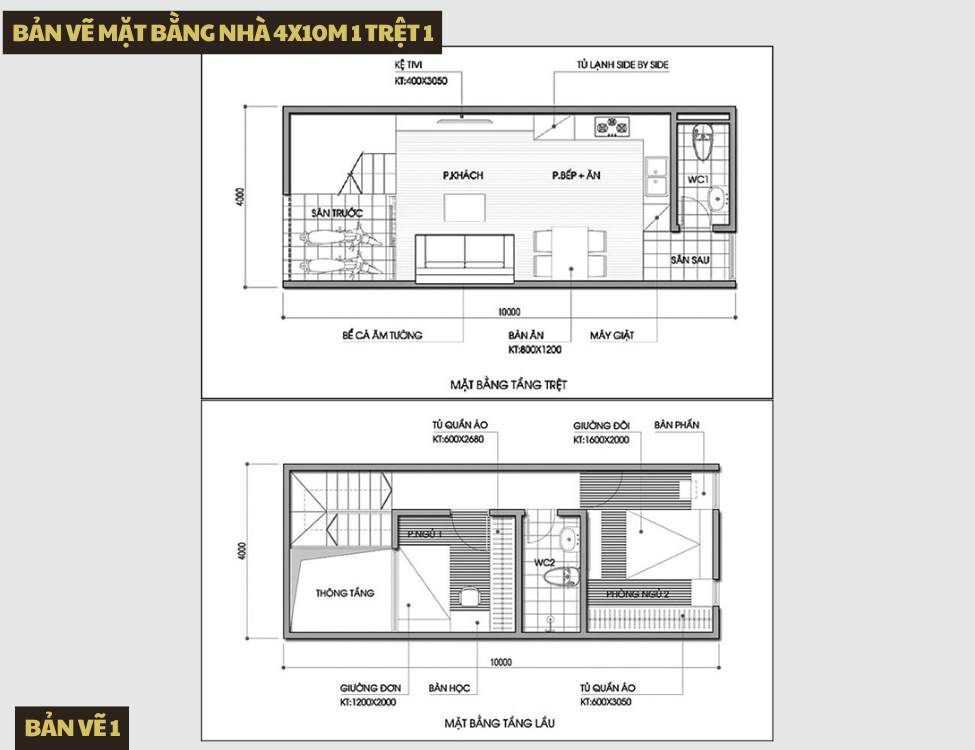 Bản vẽ mặt bằng nhà 4x10m 1 trệt 1 lầu và bố trí công năng tiêu biểu