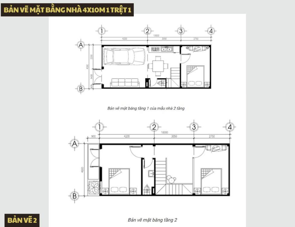 Bản vẽ mặt bằng nhà 4x10m 1 trệt 1 lầu và bố trí công năng tiêu biểu