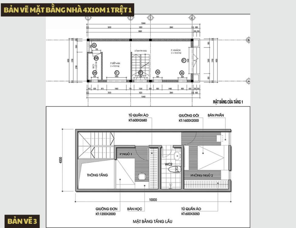 Bản vẽ mặt bằng nhà 4x10m 1 trệt 1 lầu và bố trí công năng tiêu biểu