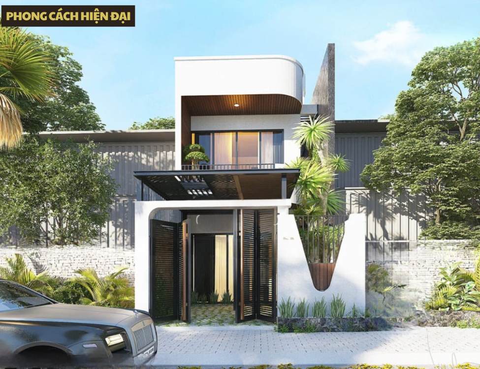 Mẫu thiết kế nhà 4x10m 1 trệt 1 lầu phong cách hiện đại với hình khối khỏe khoắn, tông màu trung tính
