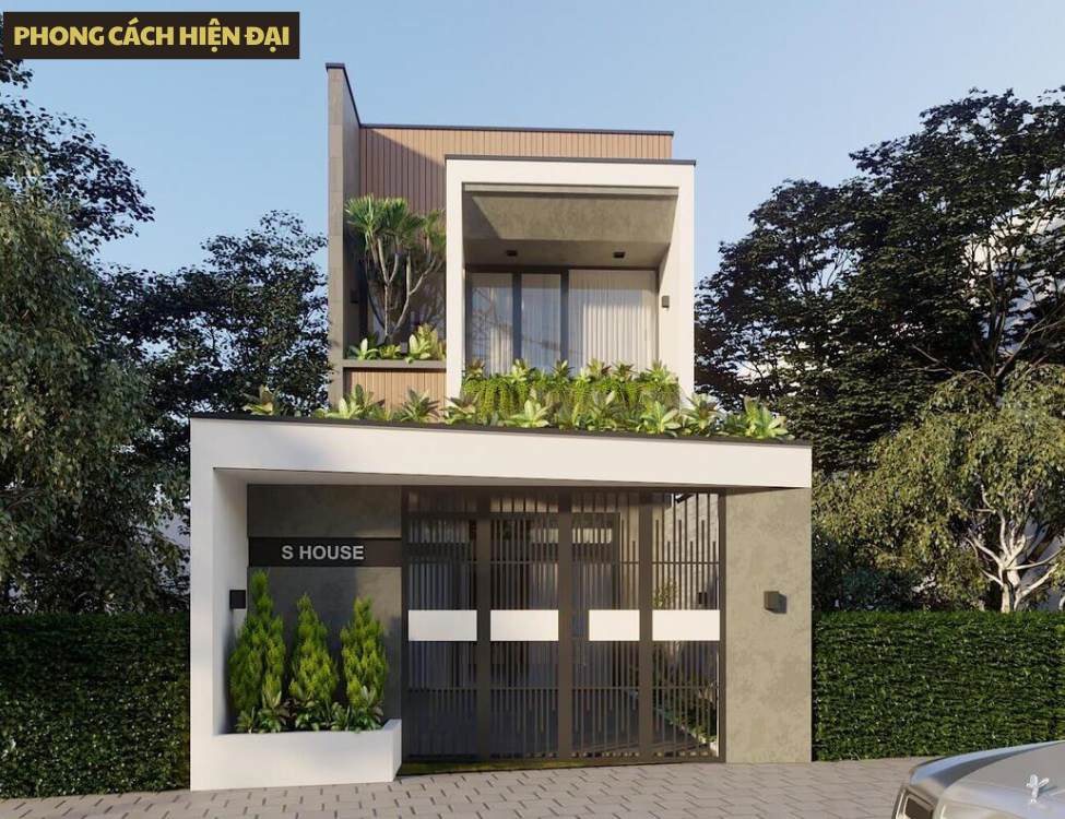 Mẫu thiết kế nhà 4x10m 1 trệt 1 lầu phong cách hiện đại với hình khối khỏe khoắn, tông màu trung tính