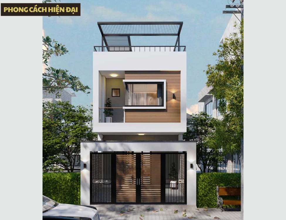 Mẫu thiết kế nhà 4x10m 1 trệt 1 lầu phong cách hiện đại với hình khối khỏe khoắn, tông màu trung tính