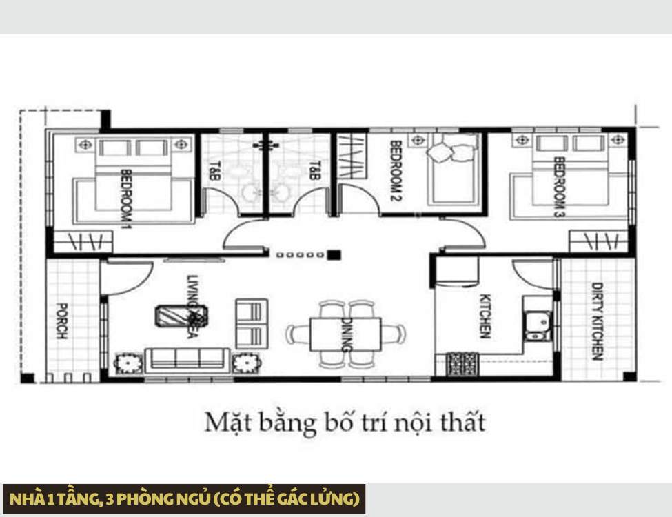 Nhà 1 tầng, 3 phòng ngủ (có thể gác lửng)