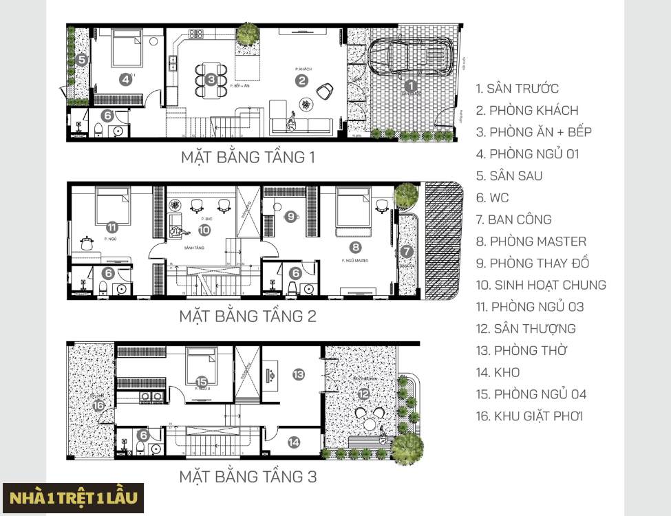 Nhà 3 tầng – phân bố linh hoạt, kết hợp phòng sinh hoạt chung