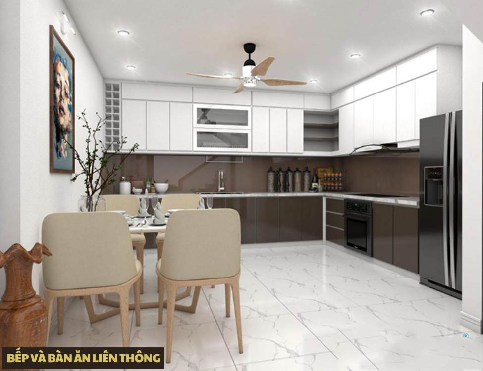 Bếp và bàn ăn liên thông: ưu/nhược, vị trí so với cầu thang và WC