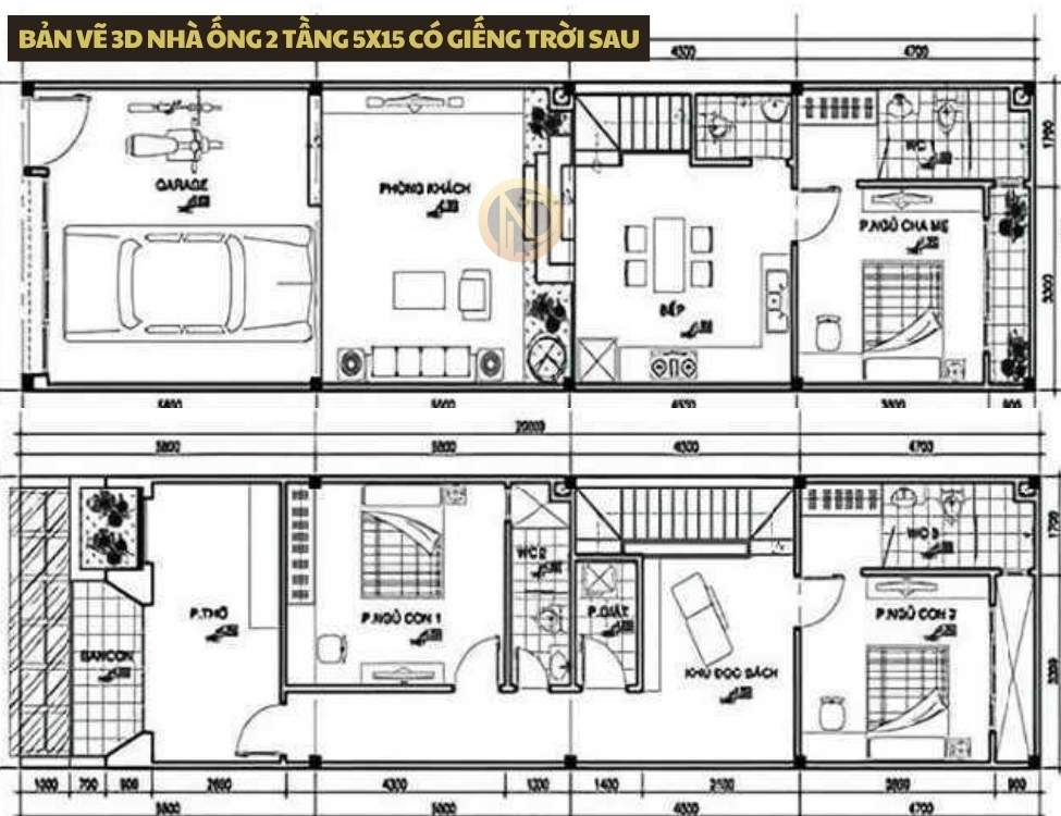 Bản vẽ 3D nhà ống 2 tầng 5x15 có giếng trời sau