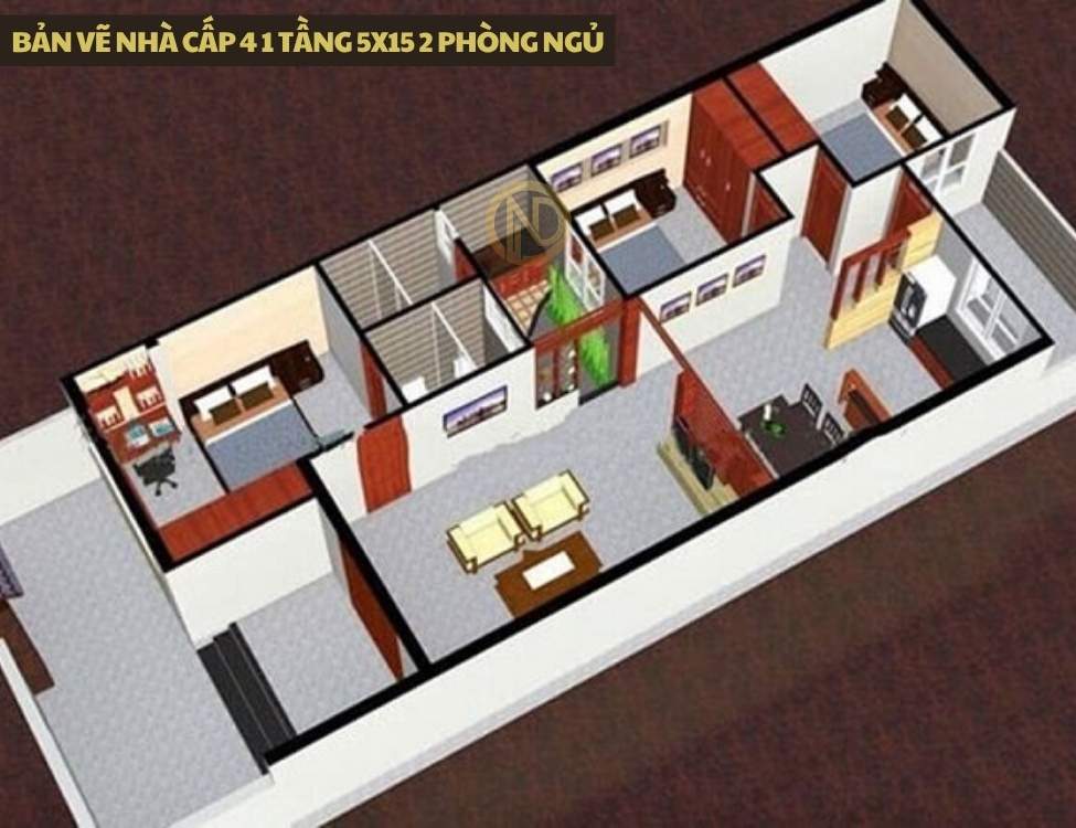 Bản vẽ nhà cấp 4 1 tầng 5x15 2 phòng ngủ