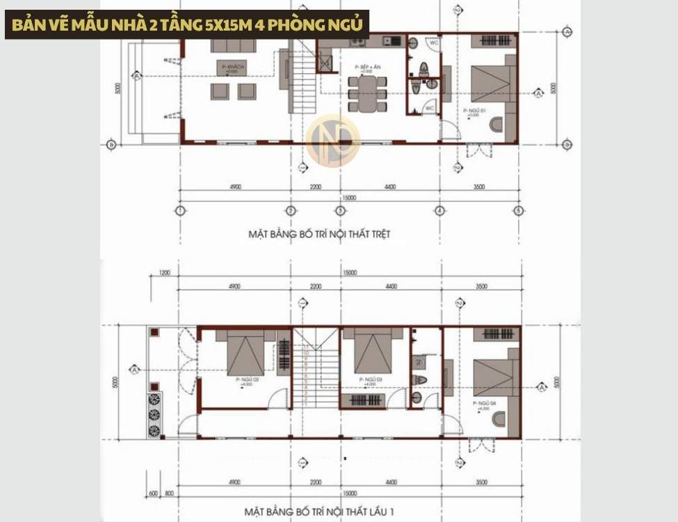 Bản vẽ mẫu nhà 2 tầng 5x15m 4 phòng ngủ