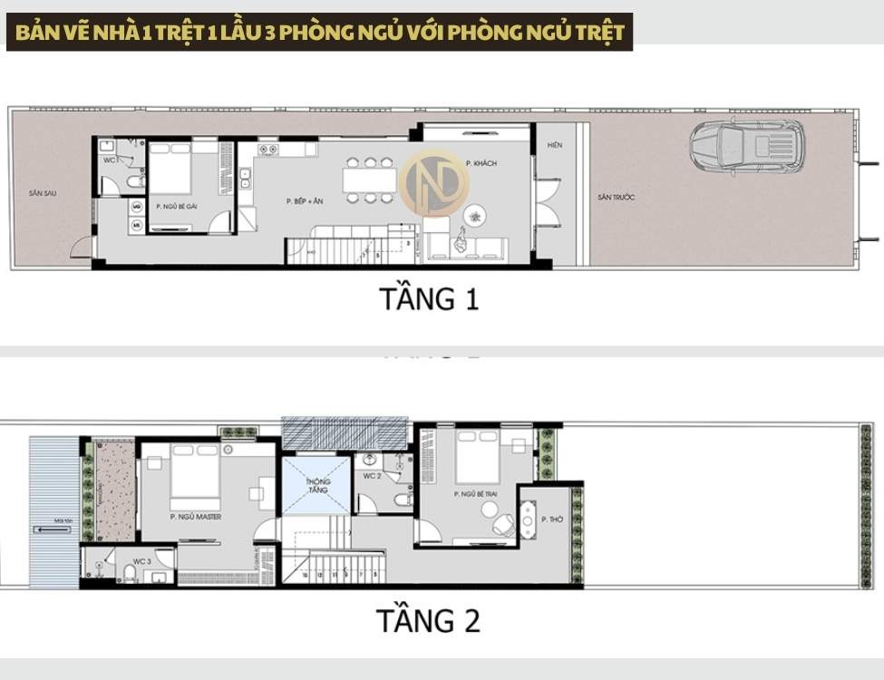 Bản vẽ nhà 1 trệt 1 lầu 3 phòng ngủ