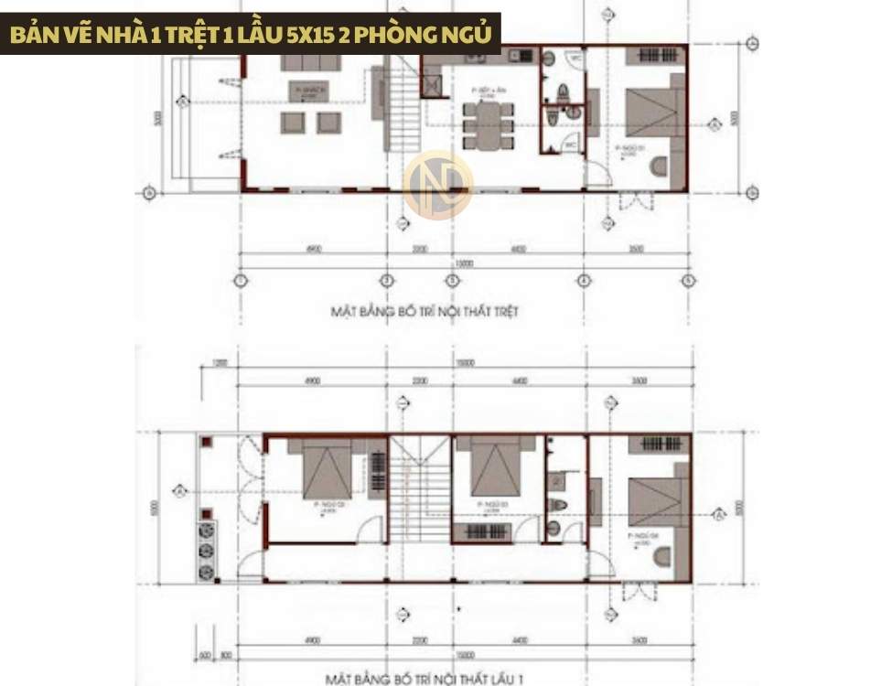 Bản vẽ nhà 1 trệt 1 lầu 5x15 2 phòng ngủ