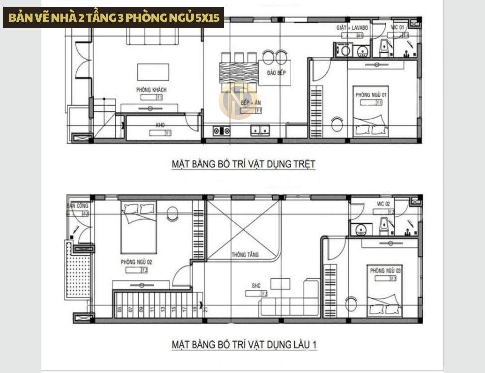 Bản vẽ nhà 2 tầng 3 phòng ngủ 5x15