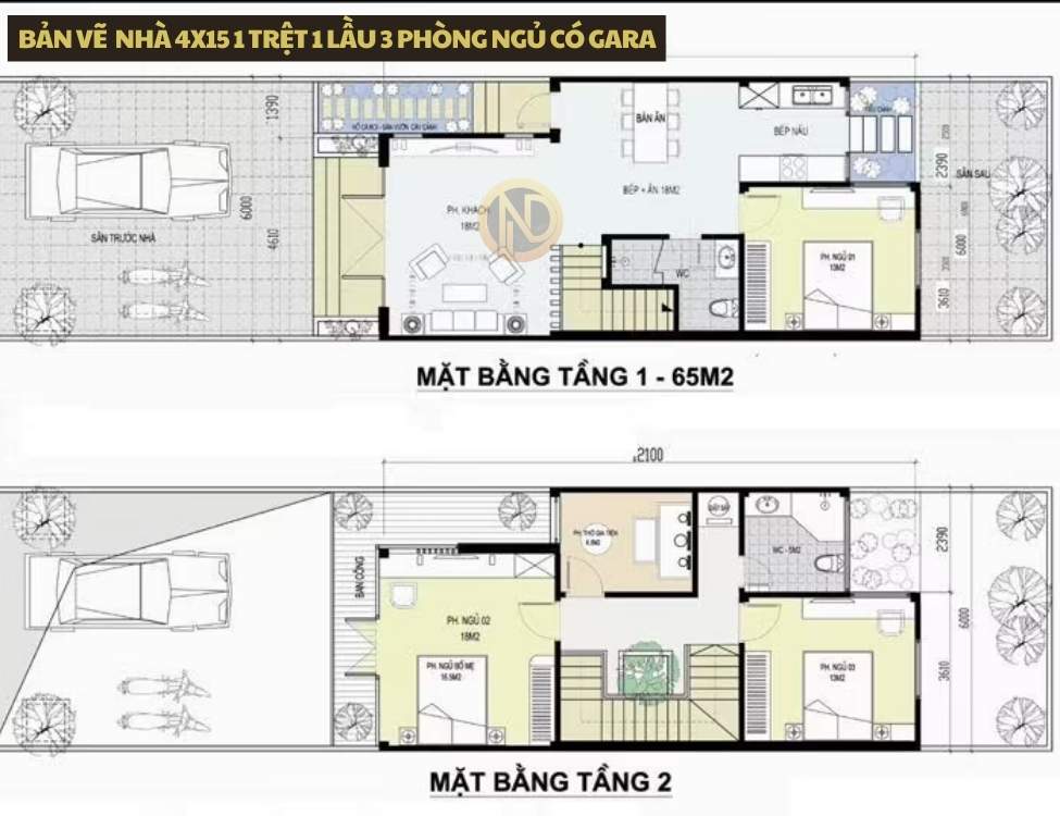 Bản vẽ nhà 4x15 1 trệt 1 lầu 3 phòng ngủ có gara
